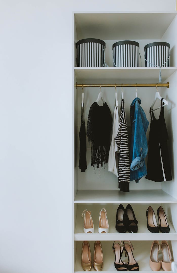 A neatly organized closet with clothes, shoes, and stylish storage boxes showcasing fashion and interior design.